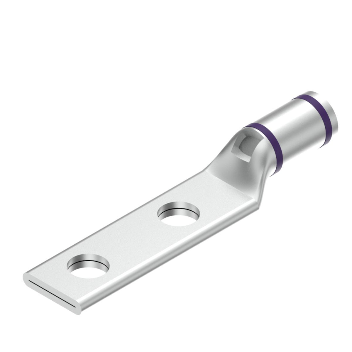 4/0 Flex G,H,I,K,M,DLO, 4/0 AWG CU, Two Hole, 3/8 Stud Size, 1 Hole Spacing, Standard Barrel, Inspection Window, Internal Chamfer, Tin Plated, UL/CSA, 90?C, Up to 35kV, Purple Color Code, 15 Die Index.
