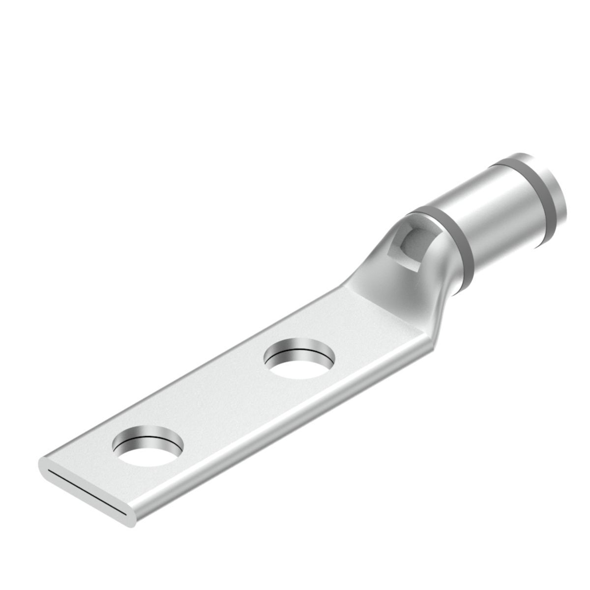 Copper Compression Lug, 2 Hole w/ Inspection Window, 4 Flex, 1/4" Stud, 5/8" Stud Hole Spacing, Short Barrel, Tin Plated.