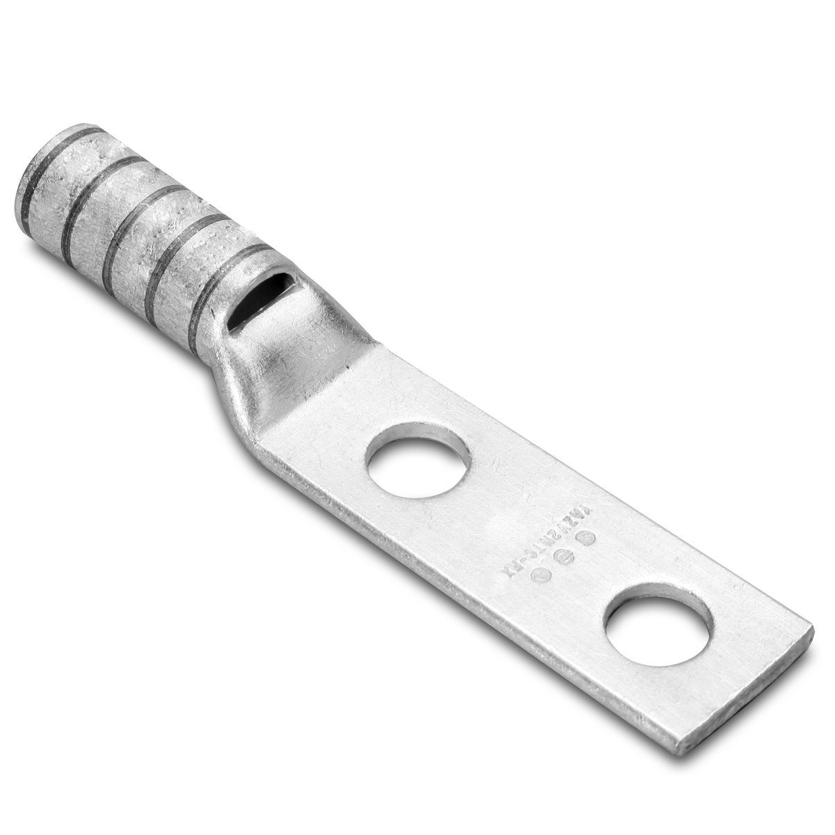 2 Flex G,H,I,K,M,DLO, 2 AWG CU, Two Hole, 1/4 Stud Size, 3/4 Hole Spacing, Standard Barrel, Inspection Window, Internal Chamfer, Tin Plated, UL/CSA, 90?C, Up to 35kV, Brown Color Code, 10 Die Index.