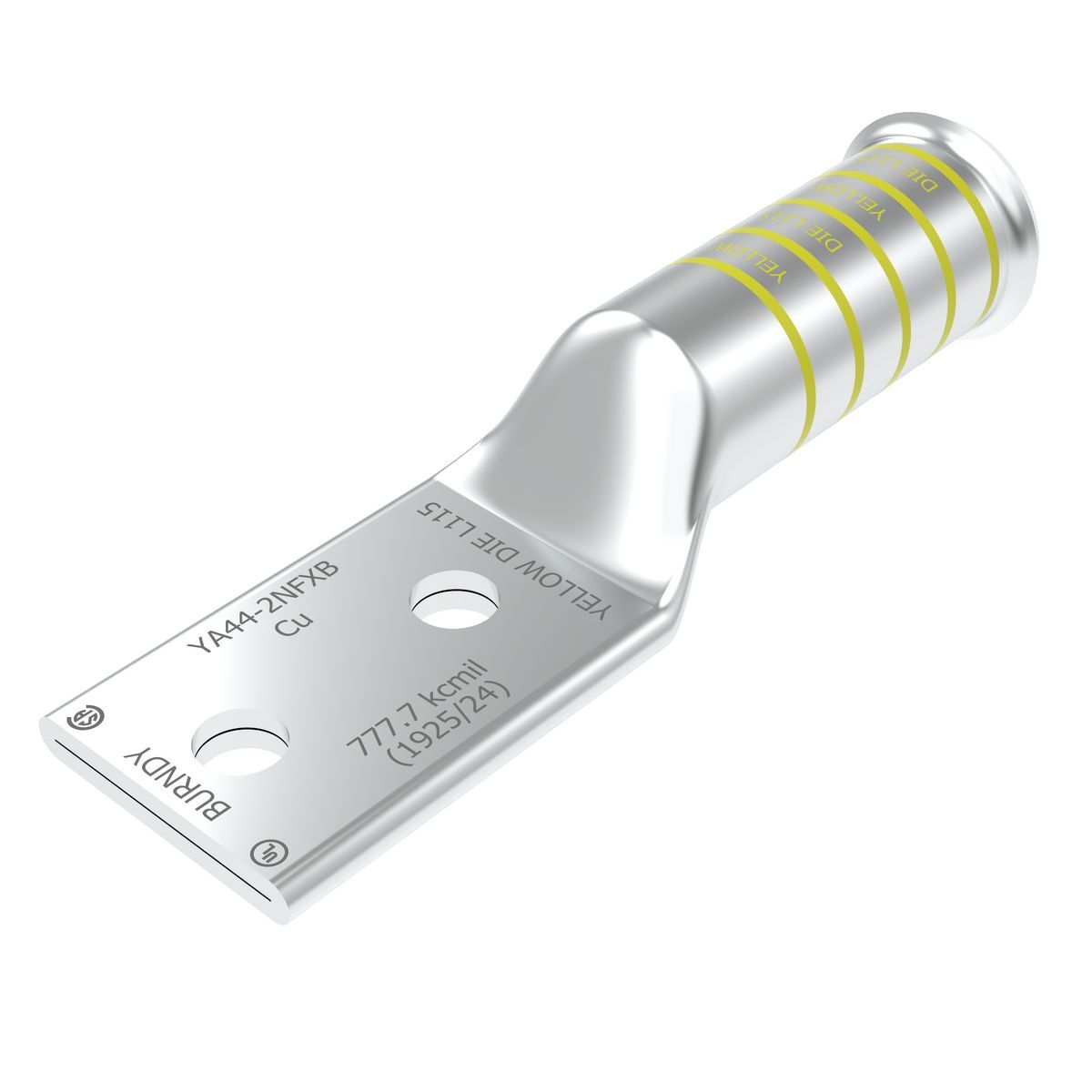 750 kcmil G,H,777 DLO CU, Two Hole, 1/2 Stud Size, 1-3/4 Hole Spacing, Long Barrel, Bell End, Tin Plated, UL/CSA, 90?C, Up to 35kV, Yellow Color Code, L115 Die Index.