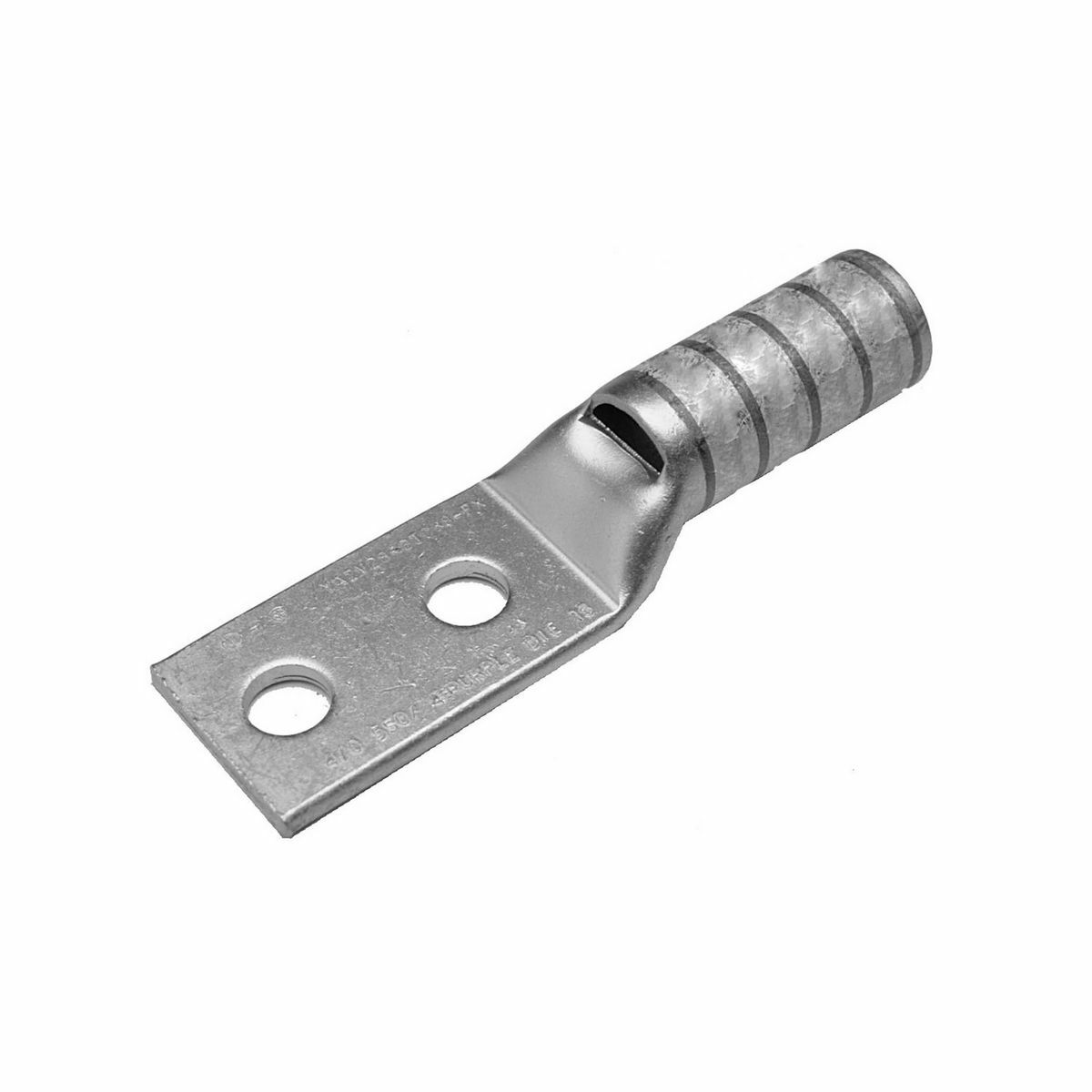 Copper Compression Lug, 2 Hole w/ Inspection Window, 4/0 Flex, 3/8" Stud, 1" Stud Hole Spacing, Long Barrel, Tin Plated.