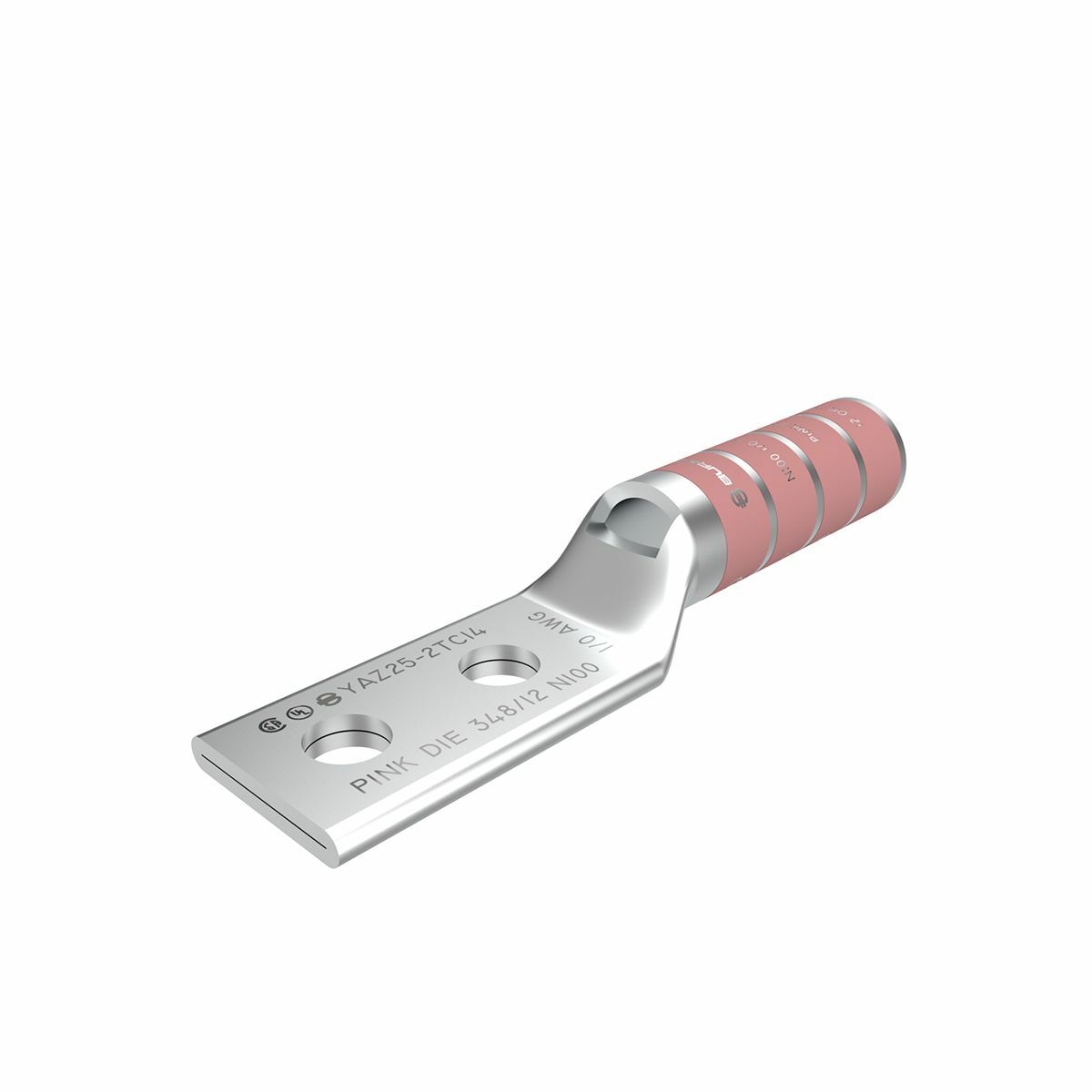 1/0 AWG CU, Two Hole, 1/4 Stud Size, 5/8 Hole Spacing, Long Barrel, Inspection Window Internal Chamfer, Tin Plated, UL/CSA, 90?C, Up to 35kV, Pinnk Color Code, 12 or 348 Die Index.