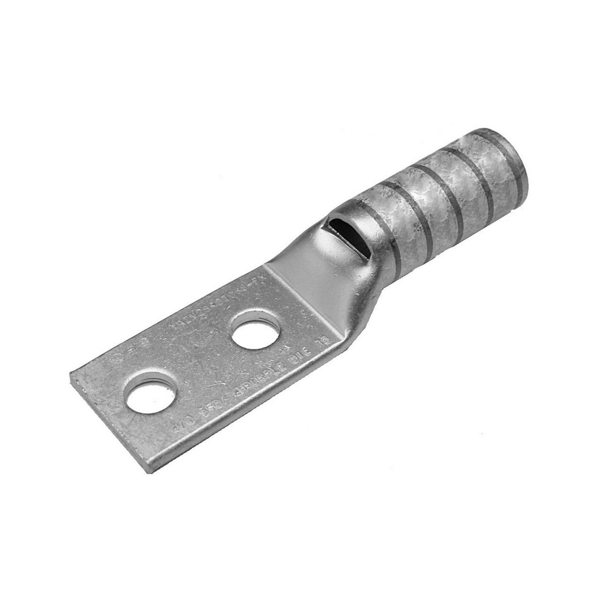 Cu Comp Terminal Flex Cond, Bvl Entry, 2 Hole/W/InspWindow, 535.3 kcmil(1325/#24)DLO, 500 kcmil Flex, 600 V-35 kV, 1/2" Stud, 1.75" Spacing, Lng bbl.