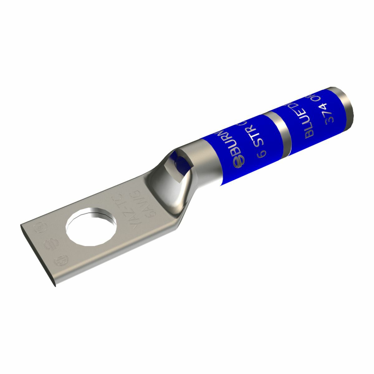 6 AWG CU, One Hole, 1/4 Stud Size, Long Barrel, Inspection Window, Internal Chamfer, Tin Plated, UL/CSA, 90?C, Up to 35kV, Blue Color Code, 7 or 374 Die Index.