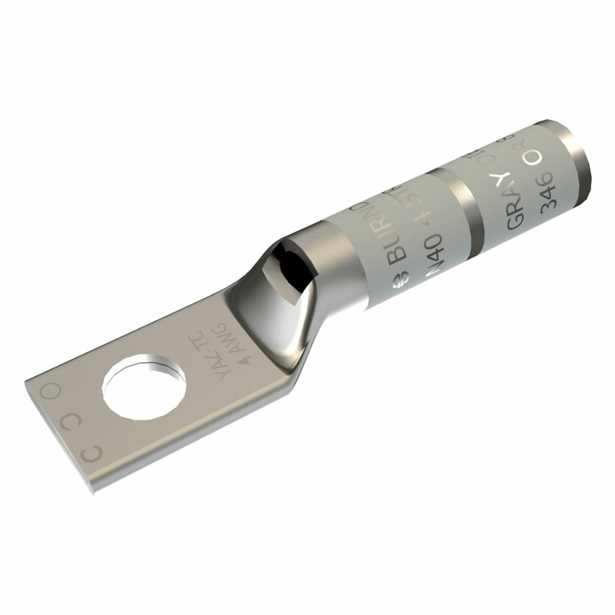 4 AWG CU, One Hole, 3/8 Stud Size, Long Barrel, Inspection Window, Internal Chamfer, Tin Plated, UL/CSA, 90?C, Up to 35kV, Gray Color Code, 8 or 346 Die Index.