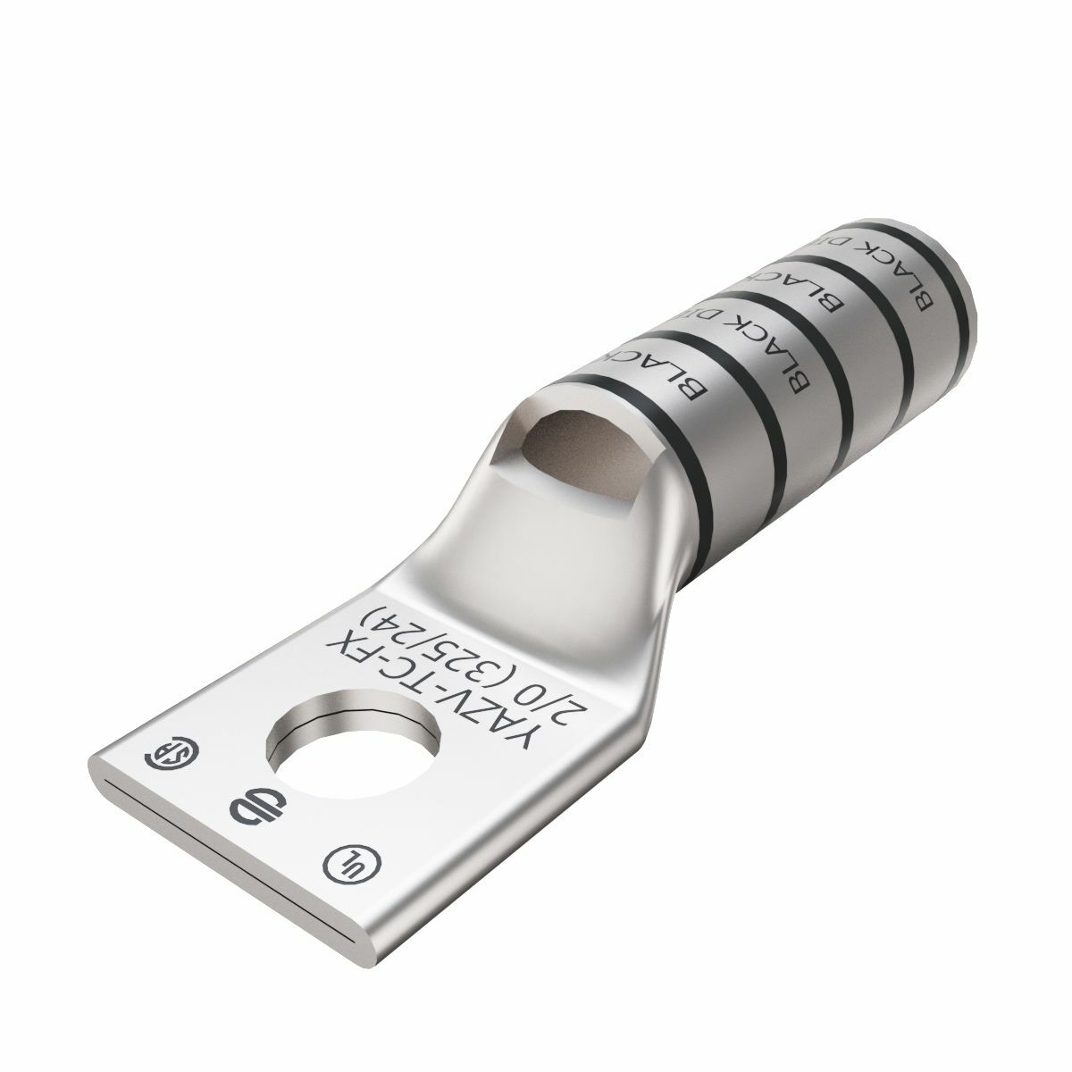 2/0 Flex G,H,I,K,M,DLO, 2/0 AWG CU, One Hole, 3/8 Stud Size, Long Barrel, Internal Chamfer, Tin Plated, UL/CSA, 90?C, Up to 35kV, Black Color Code, 13 Die Index.