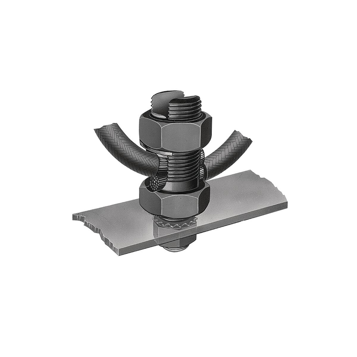 Mechanical Grounding Connector, 2 Cables to Flat, 10 - 3 AWG (Str) / 10 - 2 AWG (Sol), 3/8" Stud.