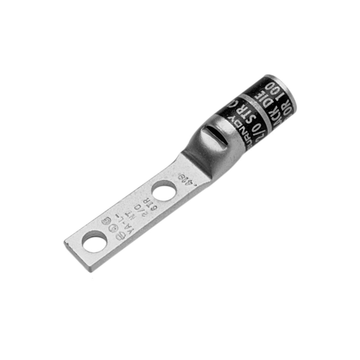 2 Flex G,H,I,K,M,DLO, 2 AWG CU, Two Hole, 1/4 Stud Size, 5/8 Hole Spacing, Standard Barrel, Inspection Window, Narrow Tongue, Internal Chamfer, Tin Plated, UL/CSA, 90?C, Up to 35kV, Brown Color Code, 10 Die Index.