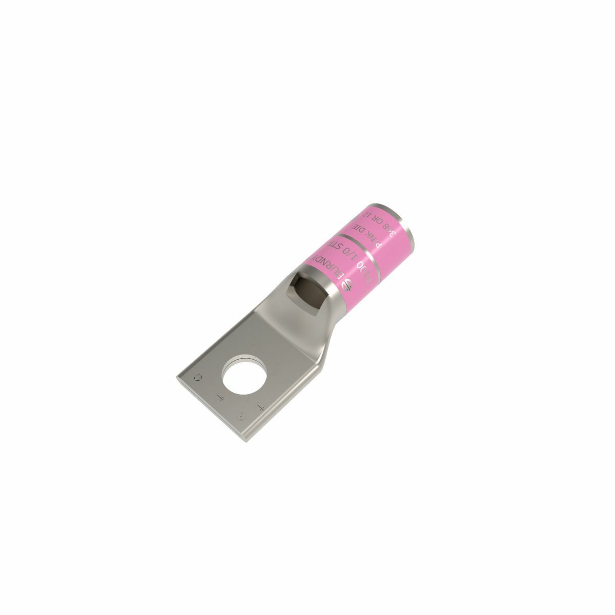 Cu Comp Terminal code Cond, Bvl Entry, 1 Hole W/InspWindow, 1/0 AWG Code, 100 Navy, 600 V-35 kV, 1/4" Stud, Standard Barrel, Tin Plated, Pink, 12 or 348 Index