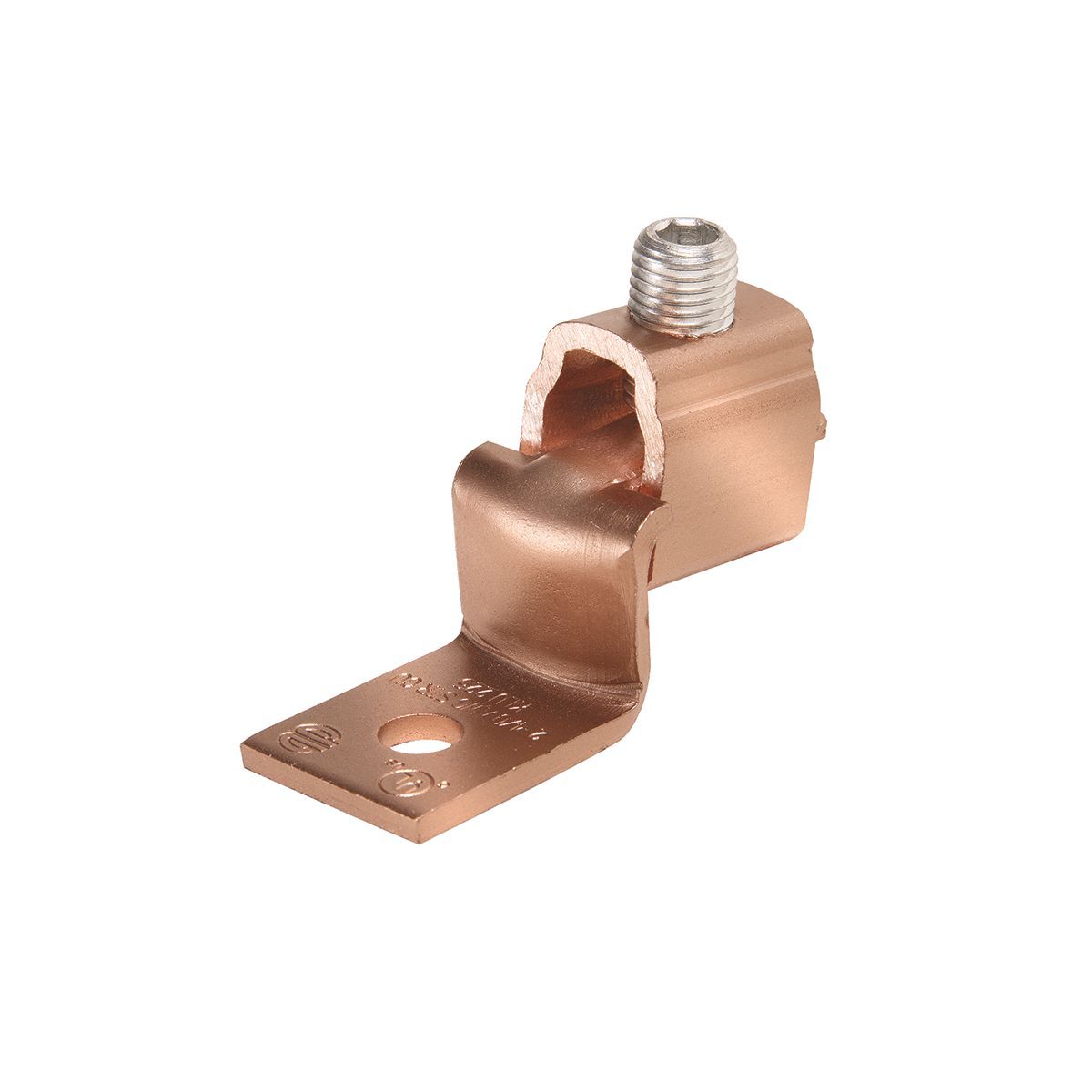 Copper Terminal, Offset Tongue, 1 Hole, 8 AWG (Sol)-2 AWG (Str), 1/4" Stud, 1 Screw.