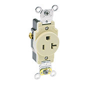 20 Amp, 125 Volt, NEMA 5-20R, 2P, 3W, Industrial Series Heavy Duty Specification Grade, Single Receptacle, Straight Blade, Self Grounding, Side Wired, Steel Strap, - IVORY
