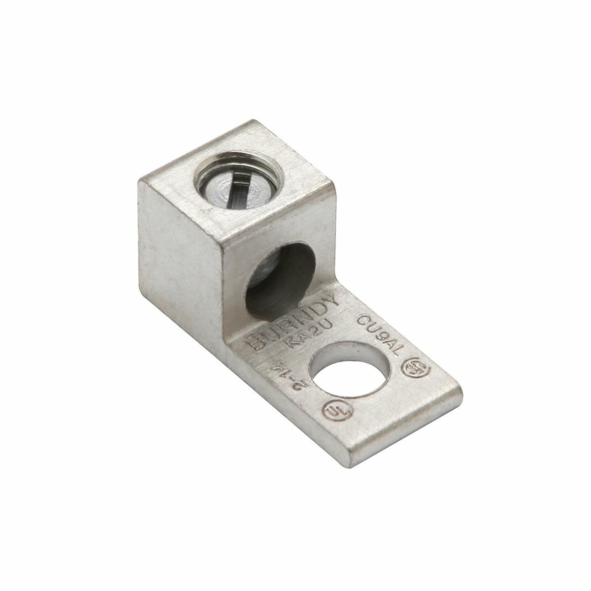 Aluminum Universal Terminal, 1 Hole, 14-2 AWG (Str), 1/4" Stud, 1 Screw, Al/Cu Rated, Tin Plated.