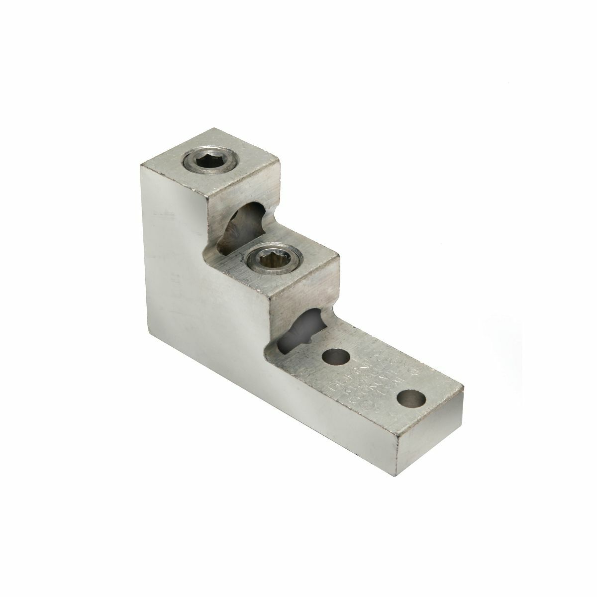 Aluminum Universal Terminal, 2 Hole, Two: 2 AWG (Str)-600 kcmil, 3/8" Stud, 1.38" Stud Hole Spacing, 2 Screws, Al/Cu Rated, Tin Plated.