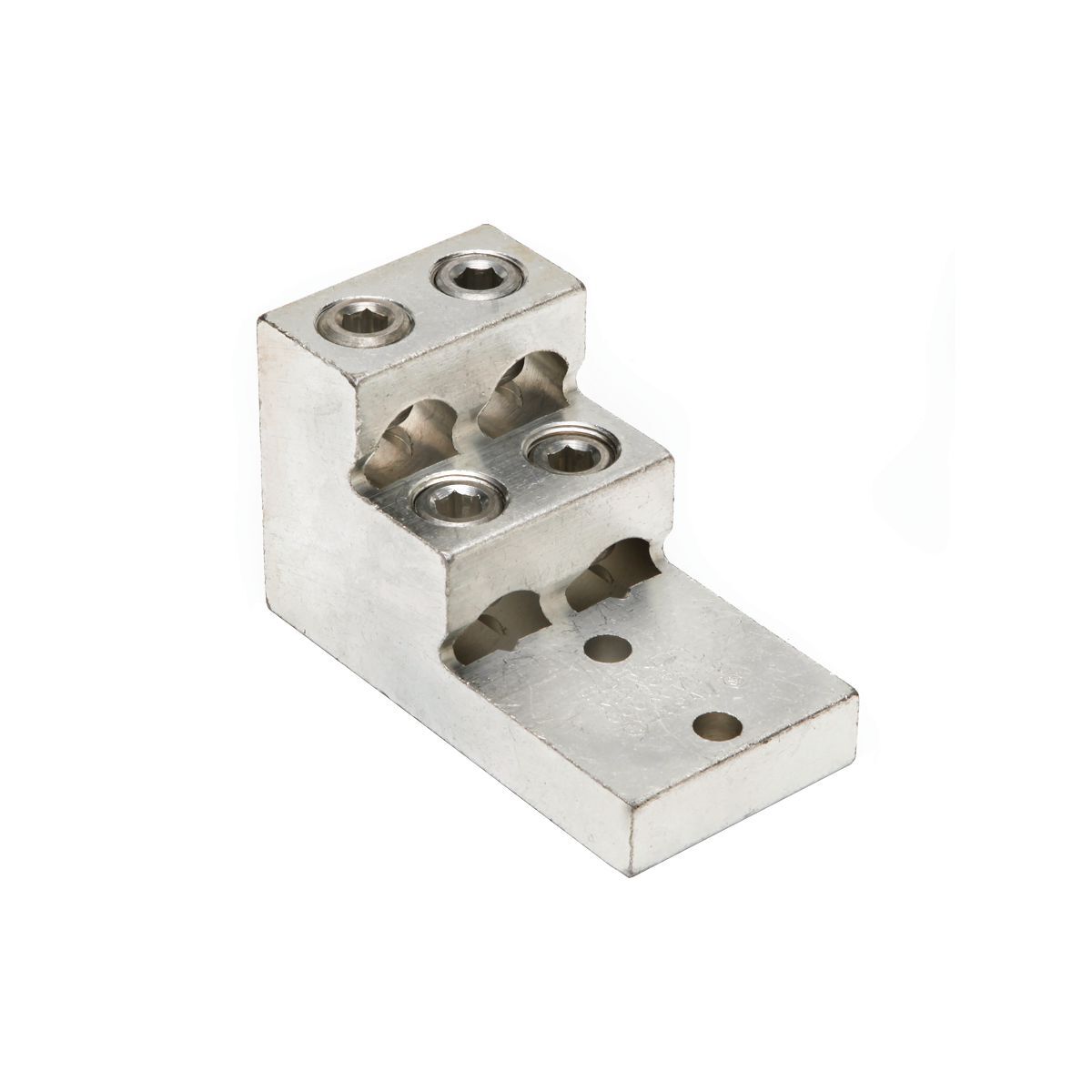 Aluminum Universal Terminal, 2 Hole, Four: 1/0 AWG (Str)-750 kcmil, 3/8" Stud, 1.38" Stud Hole Spacing, 4 Screws, Al/Cu Rated, Tin Plated.