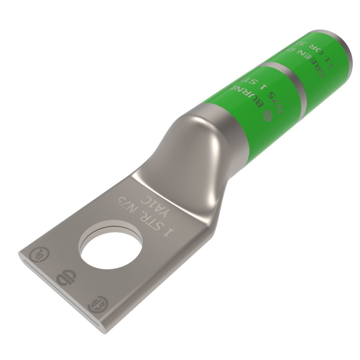 1 AWG CU, One Hole, 5/16 Stud Size, Long Barrel, Internal Chamfer, Tin Plated, UL/CSA, 90?C, Up to 35kV,GREEN Color Code, 11 or 375 Die Index.