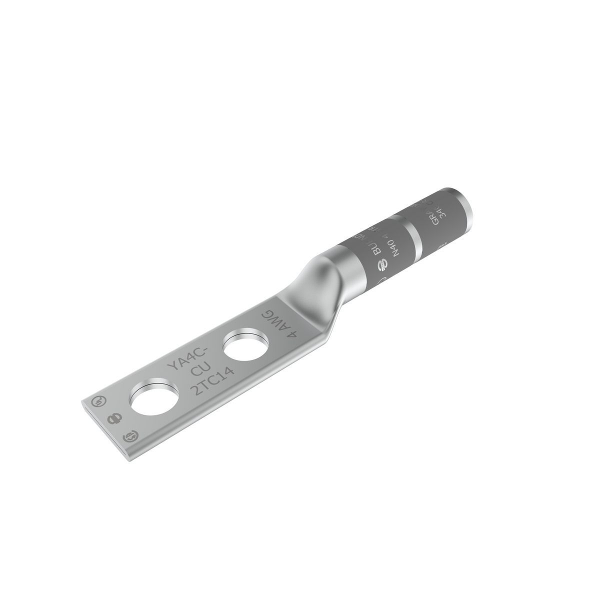 4 AWG CU, Two Hole, 1/4 Stud Size, 5/8 Hole Spacing, Long Barrel Internal Chamfer, Tin Plated, UL/CSA, 90?C, Up to 35kV, Gray Color Code, 8 or 346 Die Index.