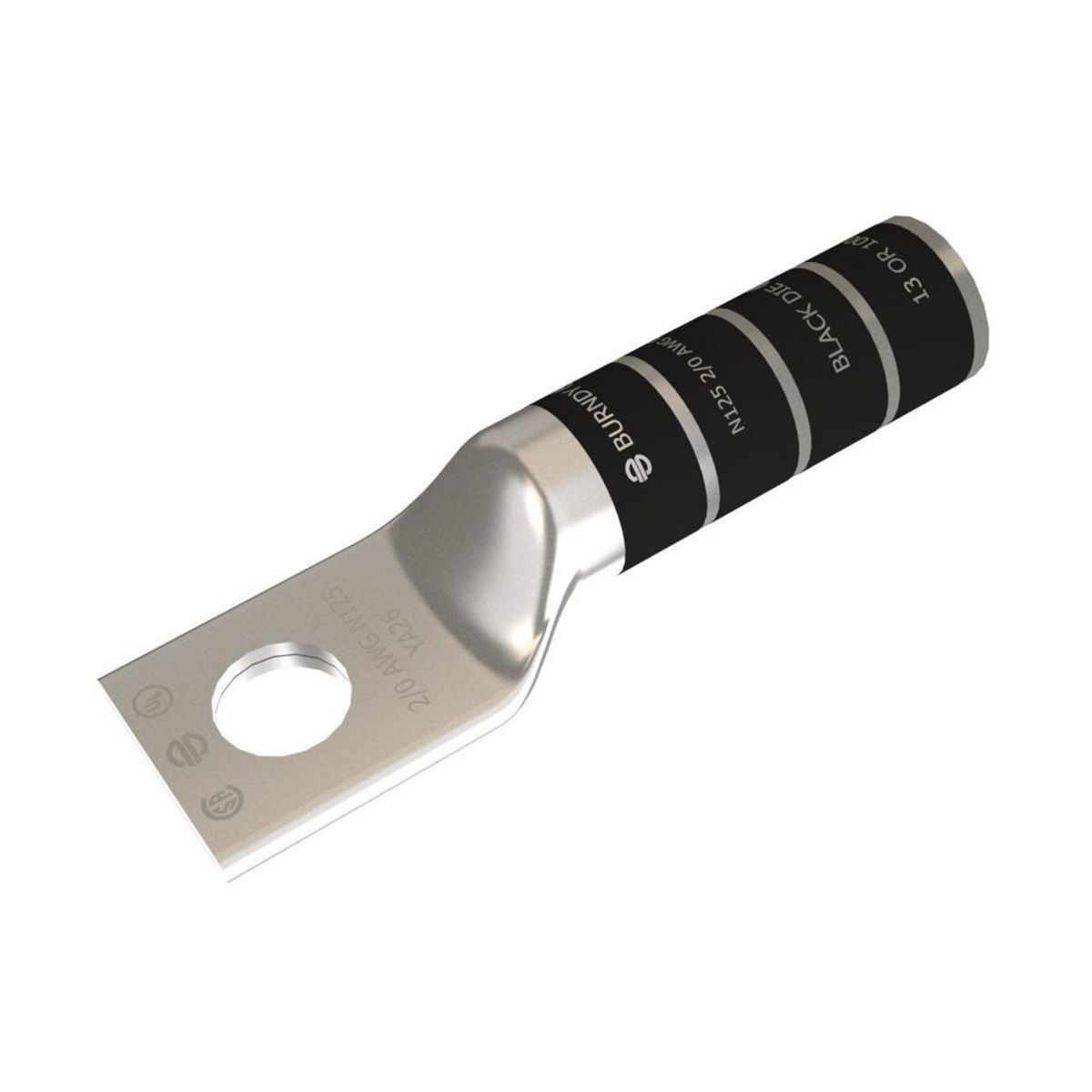2/0 AWG CU, One Hole, 3/8 Stud Size, Long Barrel, Internal Chamfer, Tin Plated, UL/CSA, 90?C, Up to 35kV,BLACK Color Code, 13 Die Index.