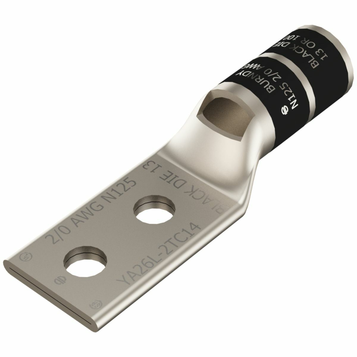 2/0 AWG CU, Two Hole, 1/2 Stud Size, 1-3/4 Hole Spacing, Standard Barrel, Inspection Window, Internal Chamfer, Tin Plated, UL/CSA, 90?C, Up to 35kV, Black Color Code, 13 Die Index.