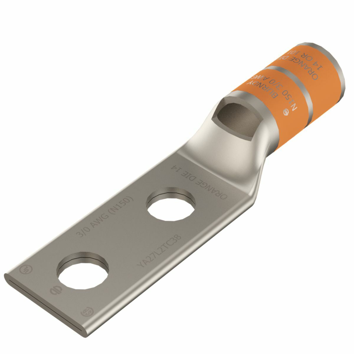 3/0 AWG CU, Two Hole, 1/2 Stud Size, 1-3/4 Hole Spacing, Standard Barrel, Inspection Window, Internal Chamfer, Tin Plated, UL/CSA, 90?C, Up to 35kV, Orange Color Code, 14 Die Index.