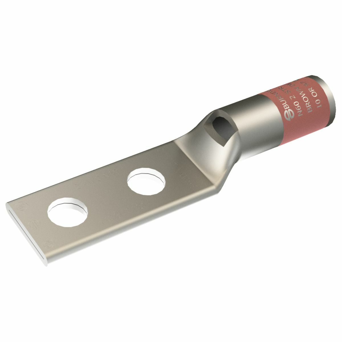 2 AWG CU, Two Hole, 1/4 Stud Size, 5/8 Hole Spacing, Standard Barrel, Inspection Window, Internal Chamfer, Tin Plated, UL/CSA, 90?C, Up to 35kV, Brown Color Code, 10 Die Index.