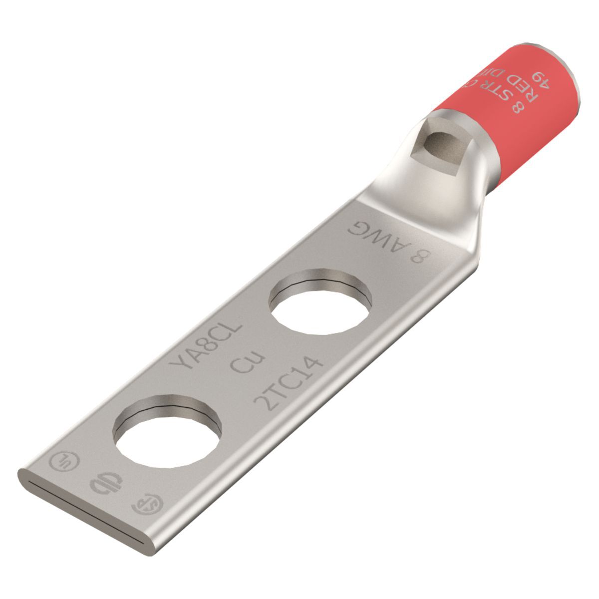 Copper Compression Lug, 2 Hole w/ Inspection Window, 8 AWG/6 AWG, 1/4" Stud, 5/8" Stud Hole Spacing, Short Barrel, Tin - Electro Plated.