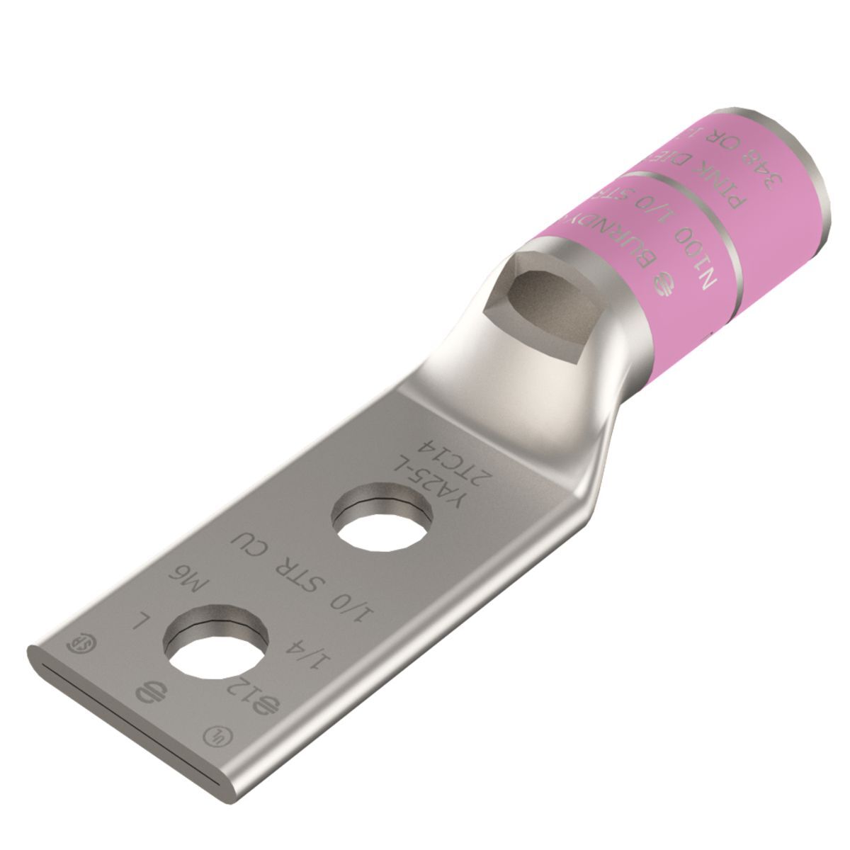 1/0 AWG CU, Two Hole, 3/8 Stud Size, 1 Hole Spacing, Standard Barrel, Inspection Window, Internal Chamfer, Tin Plated, UL/CSA, 90?C, Up to 35kV, Pinnk Color Code, 12 or 348 Die Index.