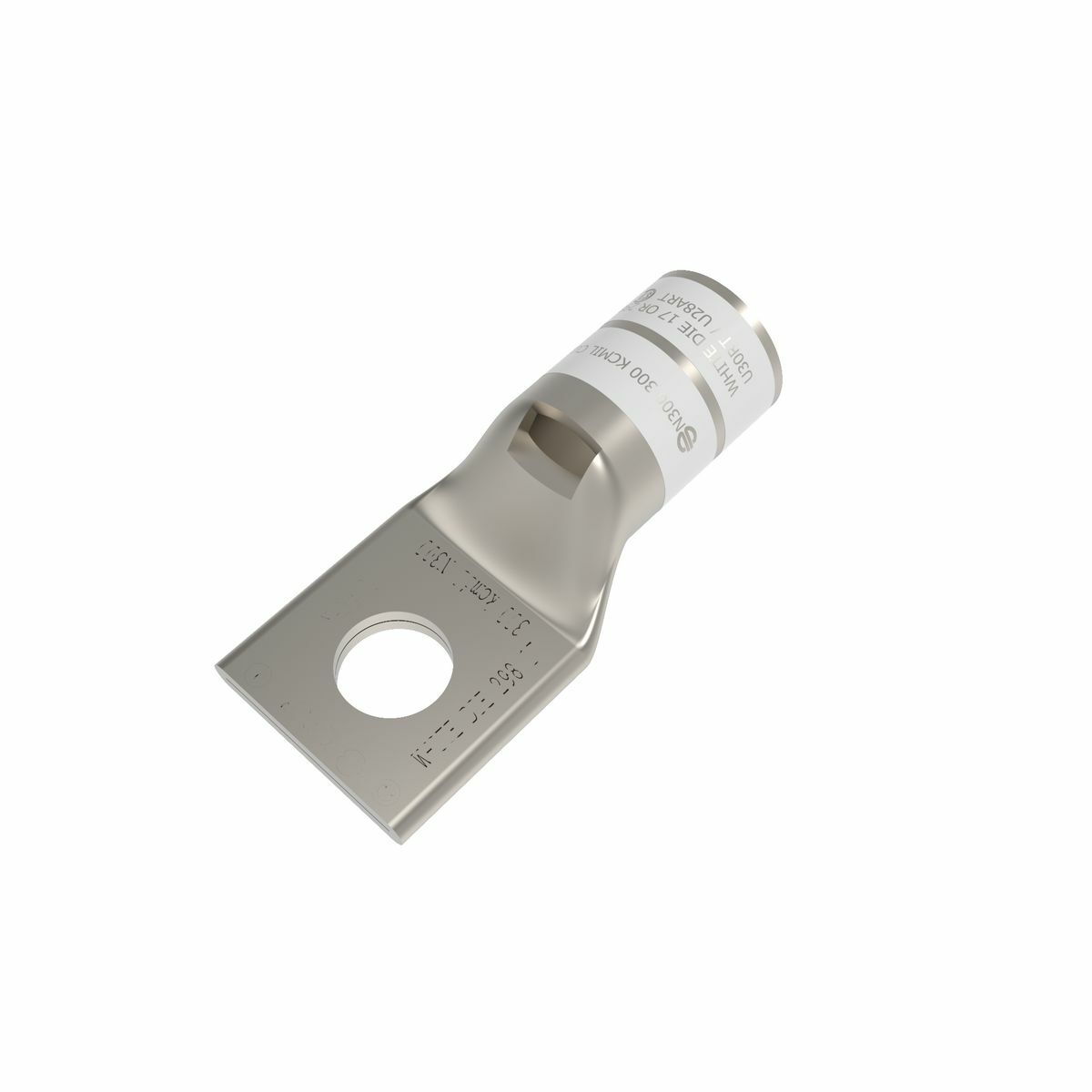 300 kcmil CU, One Hole, 3/8 Stud Size, Standard Barrel, Inspection Window, Internal Chamfer, Tin Plated, UL/CSA 90? Up to 35kV, WHITE Color Code, 17 or 298 Die Index.