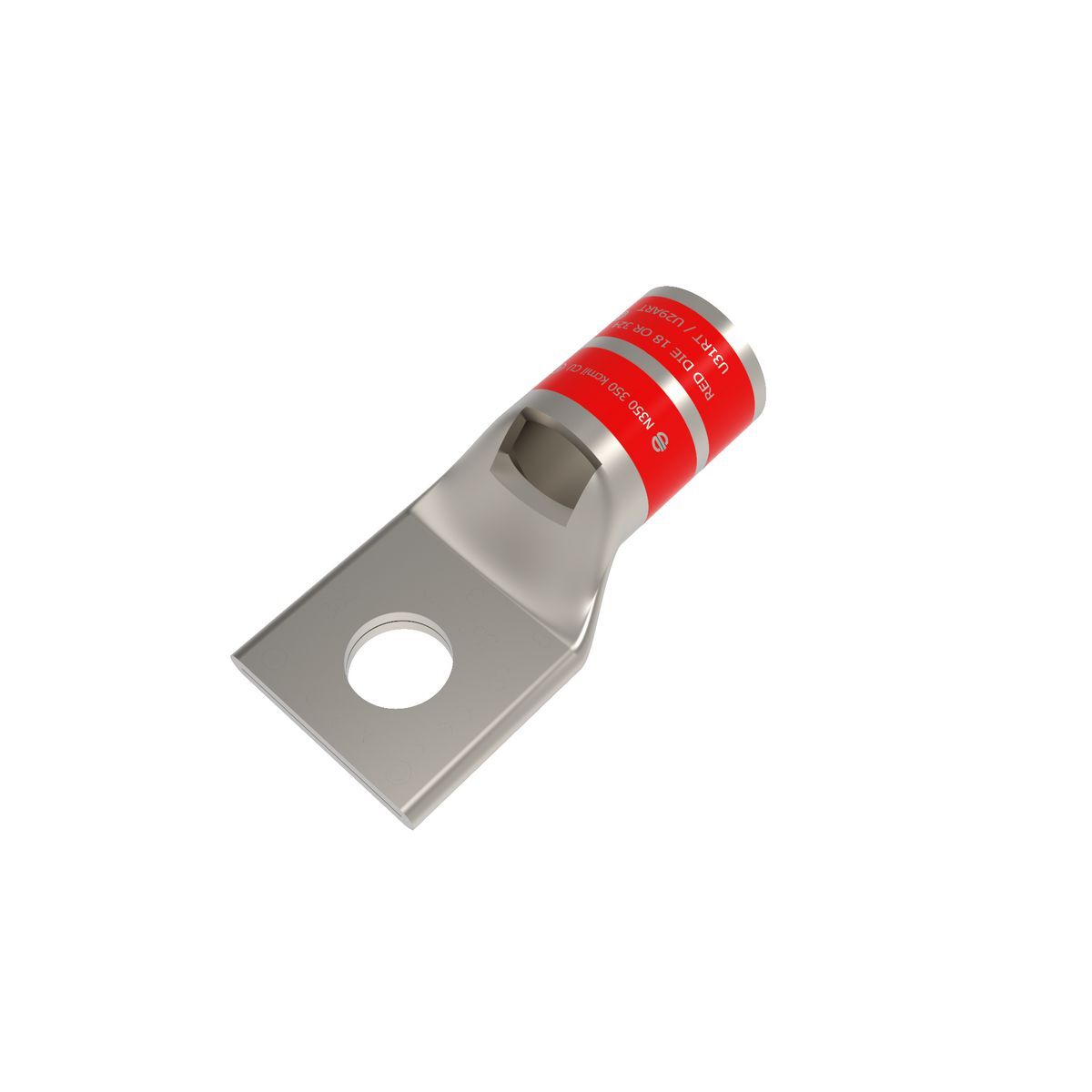 350 kcmil CU, One Hole, 1/2 Stud Size, Standard Barrel, Inspection Window, Internal Chamfer, Tin Plated, UL/CSA 90? Up to 35kV, RED Color Code, 18 or 324 Die Index.