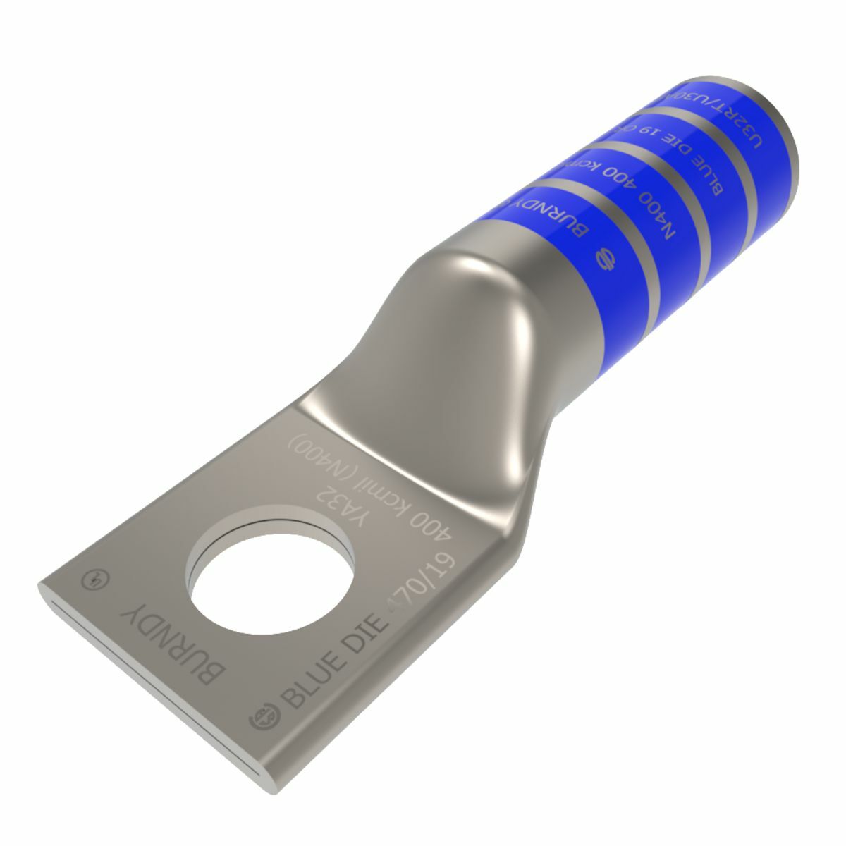 400 kcmil CU, One Hole, 5/8 Stud Size, Long Barrel, Internal Chamfer, Tin Plated, UL/CSA, 90?C, Up to 35kV,BLUE Color Code, 19 Die Index.