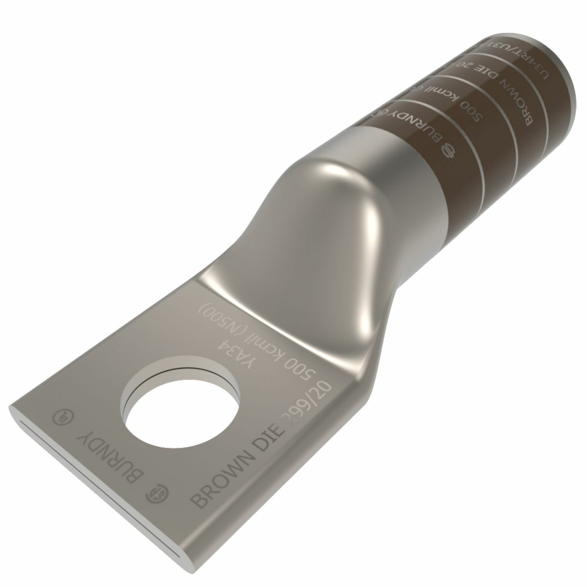 500 kcmil CU, One Hole, 5/8 Stud Size, Long Barrel, Internal Chamfer, Tin Plated, UL/CSA, 90?C, Up to 35kV,BROWN Color Code, 20 or 299 Die Index.