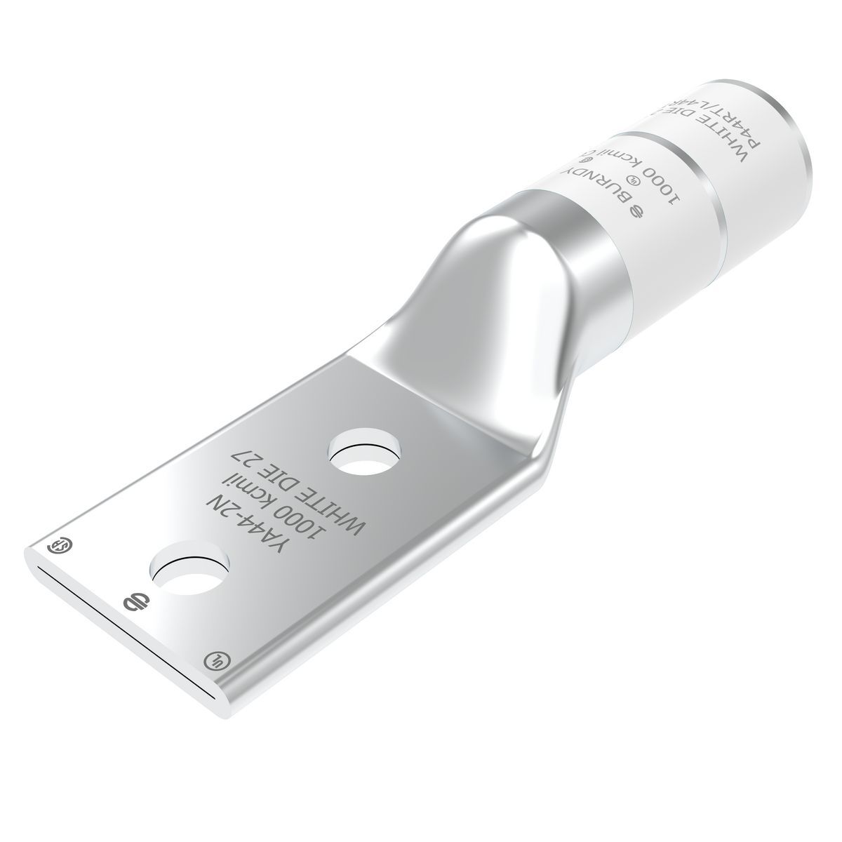 1000 kcmil CU, Two Hole, 1/2 Stud Size, 1-3/4 Hole Spacing, Long Barrel Internal Chamfer, Tin Plated, UL/CSA, 90?C, Up to 35kV, White Color Code, 27 Die Index.
