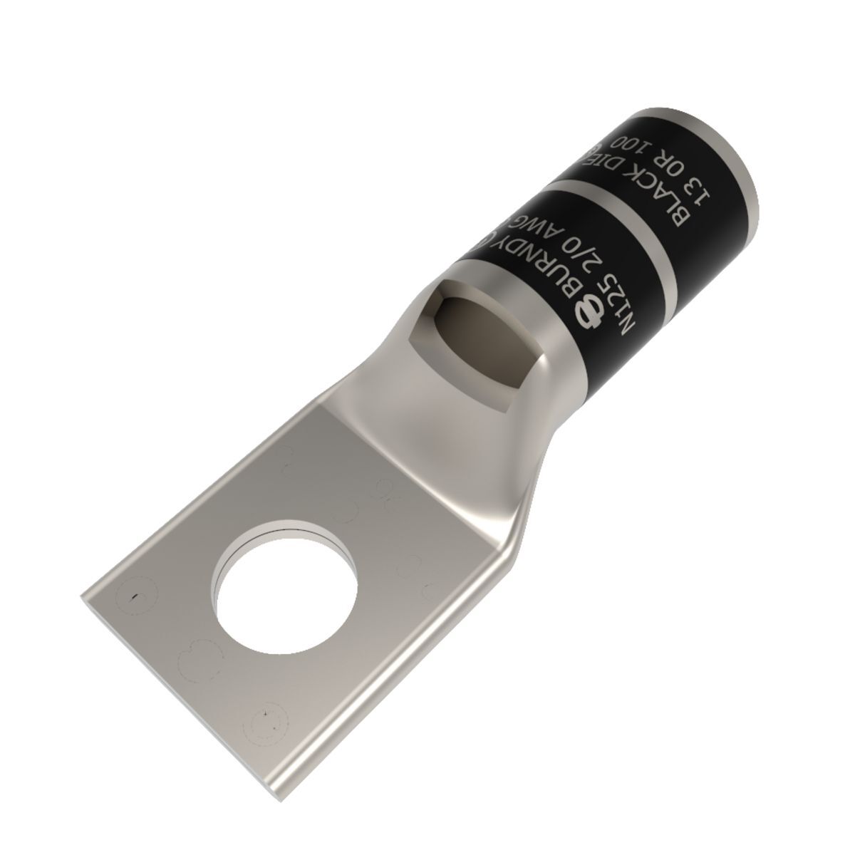 2/0 AWG CU, One Hole, 1/4 Stud Size, Standard Barrel, Inspection Window, Internal Chamfer, Tin Plated, UL/CSA 90? Up to 35kV, BLACK Color Code, 13 Die Index.