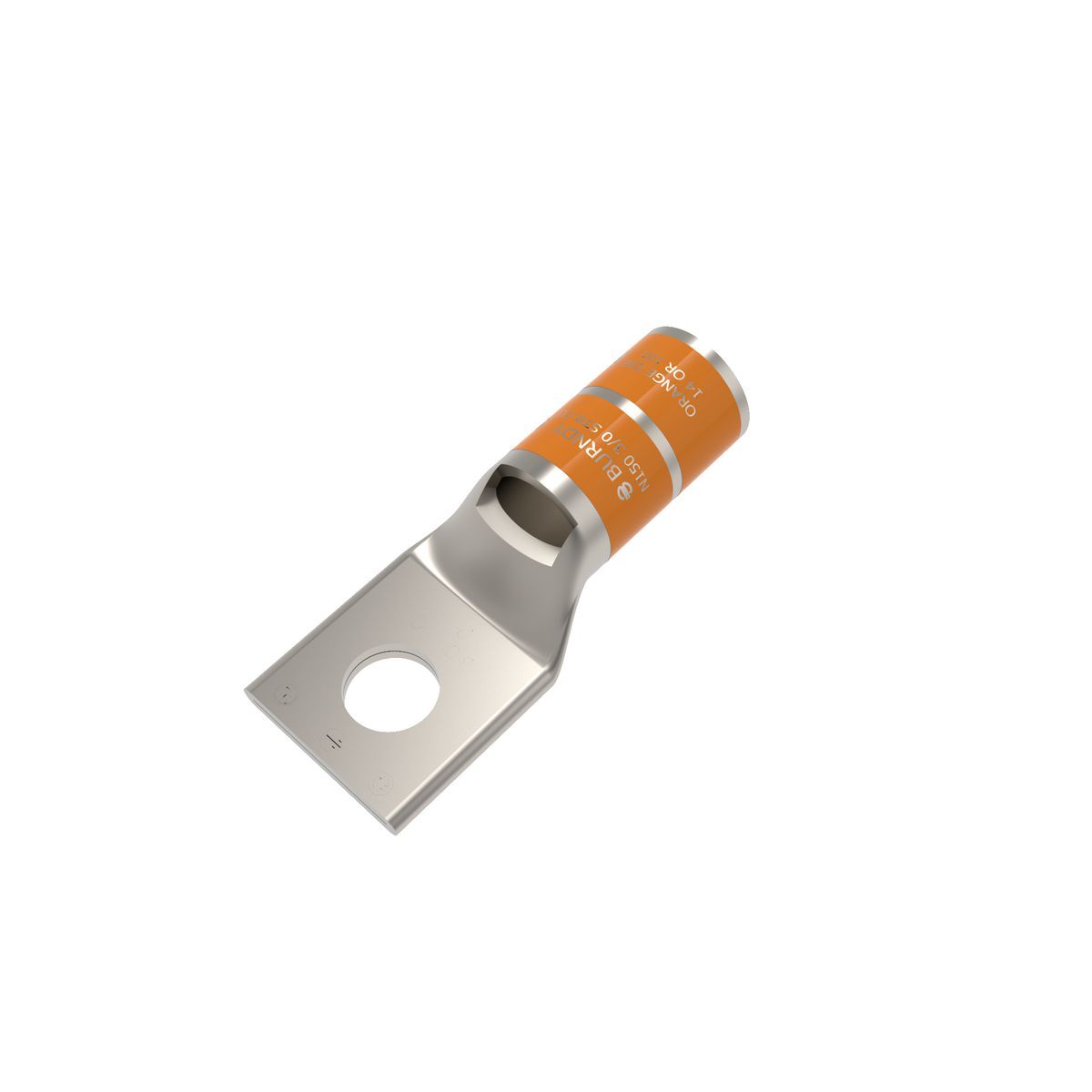 3/0 AWG CU, One Hole, 1/2 Stud Size, Standard Barrel, Inspection Window, Internal Chamfer, Tin Plated, UL/CSA 90? Up to 35kV, ORANGE Color Code, 14 Die Index.