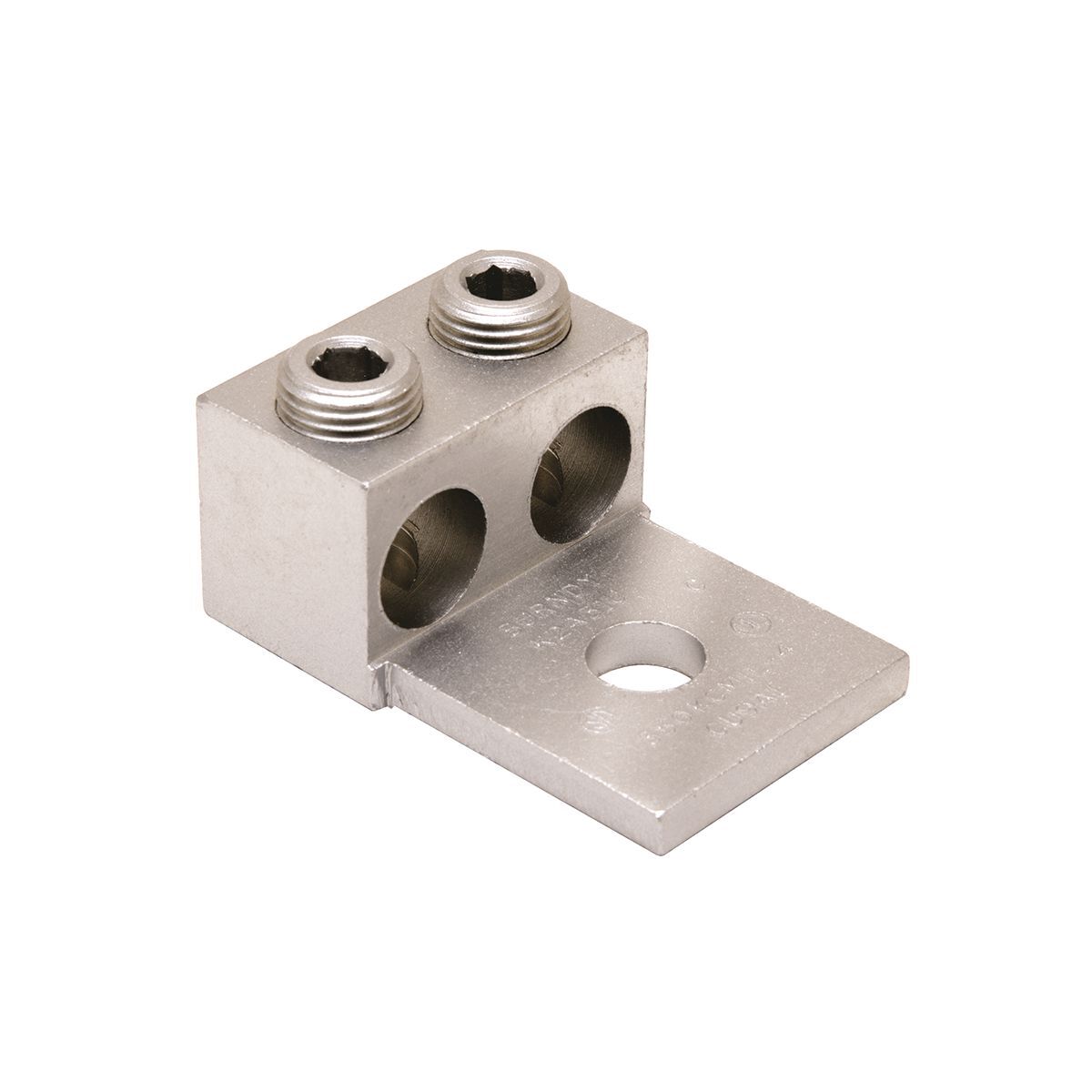 Aluminum Universal Terminal, 2 Conductor, 1 Hole, 6 AWG (Str)-350 kcmil, 1/2" Stud, 2 Screws, Al/Cu Rated, Tin Plated.