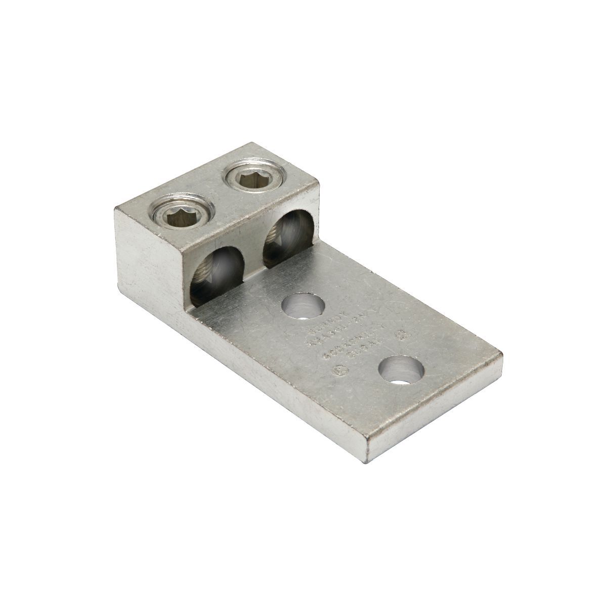 Aluminum Universal Terminal, 2 Conductor, 2 Hole, 6 AWG (Str)-350 kcmil, 1/2" Stud, 1.75" Stud Hole Spacing, 2 Screws, Al/Cu Rated, Tin Plated.