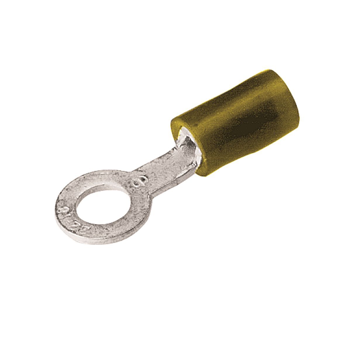 Copper Terminal, Ring Tongue, 12-10 AWG, #8-#10 Stud, 600 Volts Max., Nylon Insulated, Funnel Entry, Tin Plated.