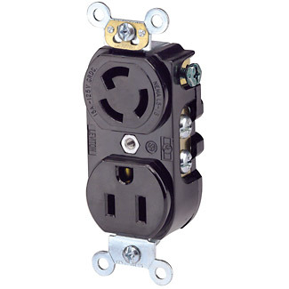 15 Amp, 125 Volt, Duplex Locking Receptacle, Industrial Grade, Grounding, Lock/Straight Combo, Black