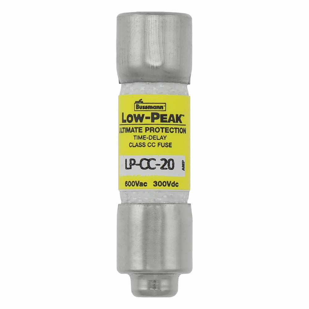 Eaton Bussmann series LP-CC fuse, Current-limiting time-delay fuse, Rejection style, 20 A, Dual, CC, Non-indicating, Ferrule end x ferrule end, 12 sec at 200%, 20 kAIC at 300 Vdc,200 kAIC at 600 V, Melamine tube, 10, 600 V, 300 Vdc