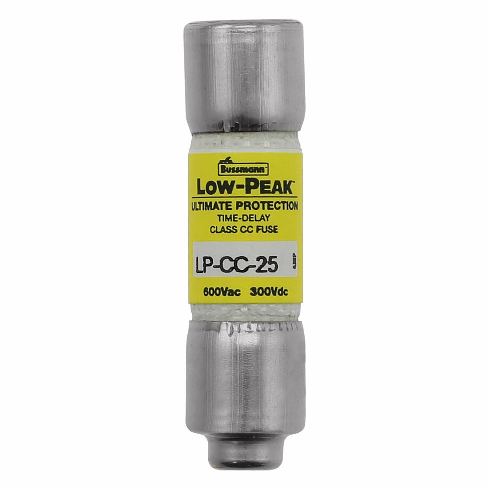 Eaton Bussmann series LP-CC fuse, Current-limiting time-delay fuse, Rejection style, 25 A, Dual, CC, Non-indicating, Ferrule end x ferrule end, 12 sec at 200%, 20 kAIC at 300 Vdc,200 kAIC at 600 V, Melamine tube, 10, 600 V, 300 Vdc