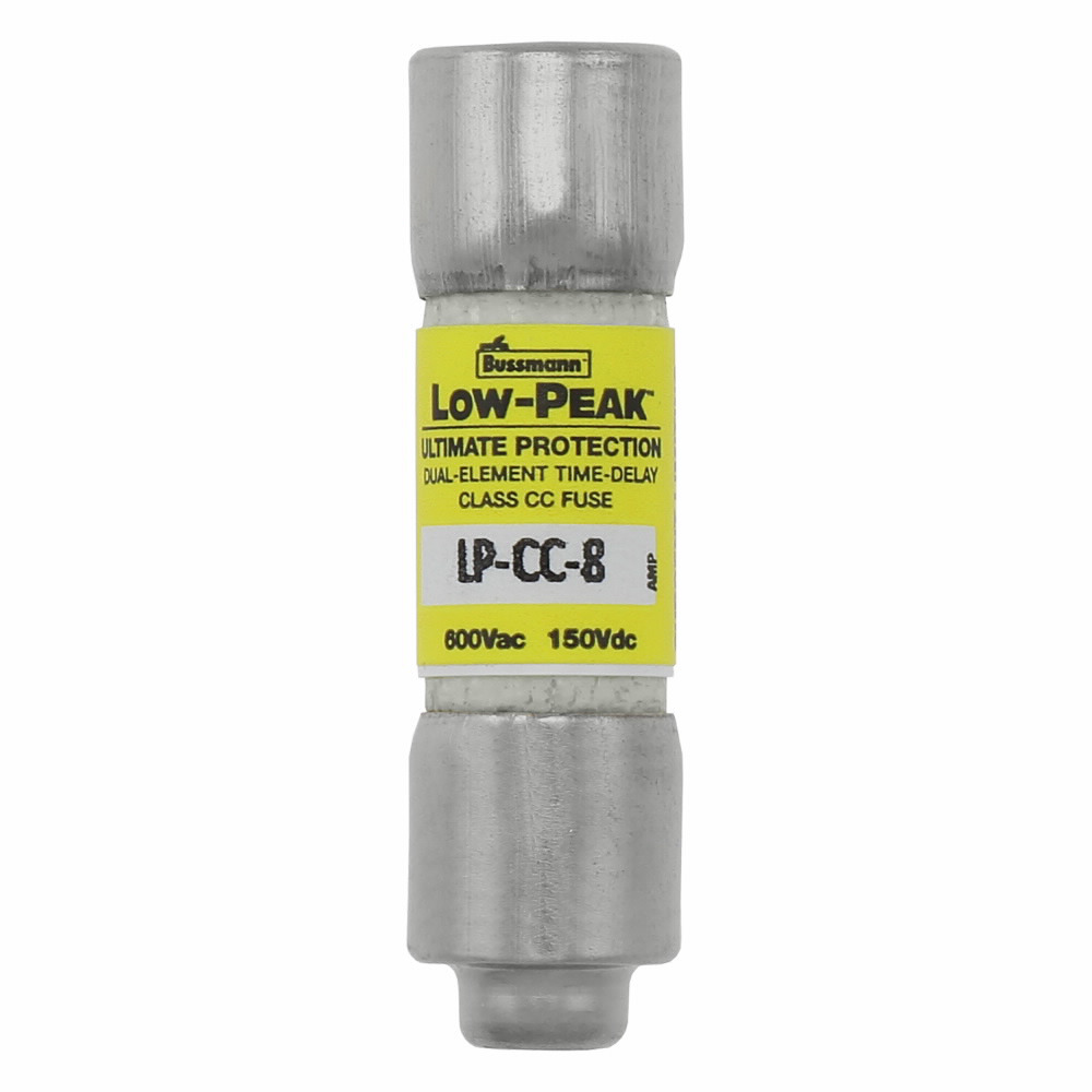 Eaton Bussmann series LP-CC fuse, Current-limiting time-delay fuse, Rejection style, 8 A, Dual, CC, Non-indicating, Ferrule end x ferrule end, 12 sec at 200%, 20 kAIC at 150 Vdc,200 kAIC at 600 V, Melamine tube, Standard, 10, 600 V, 150 Vdc
