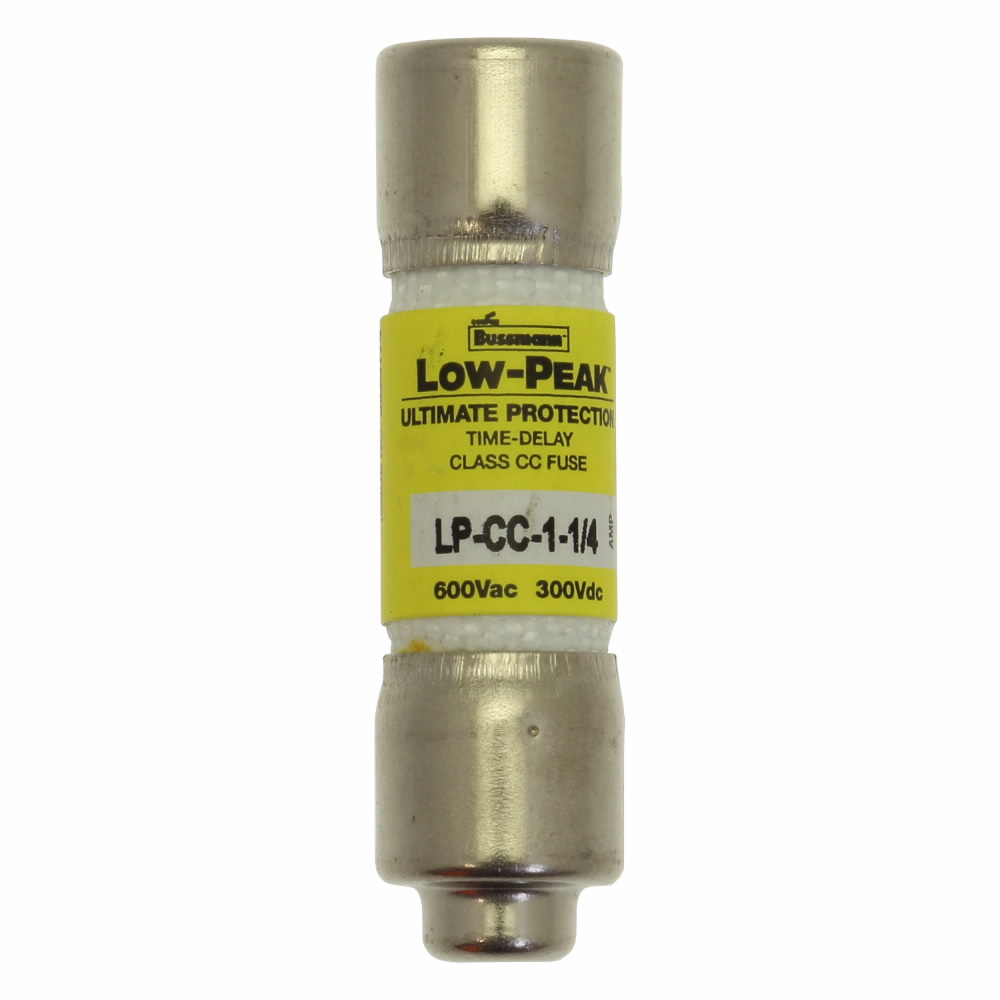 Eaton Bussmann series LP-CC fuse, Current-limiting time-delay fuse, Rejection style, 1.25 A, Dual, CC, Non-indicating, Ferrule end x ferrule end, 12 sec at 200%, 20 kAIC at 300 Vdc,200 kAIC at 600 V, Melamine tube, 10, 600 V, 300 Vdc