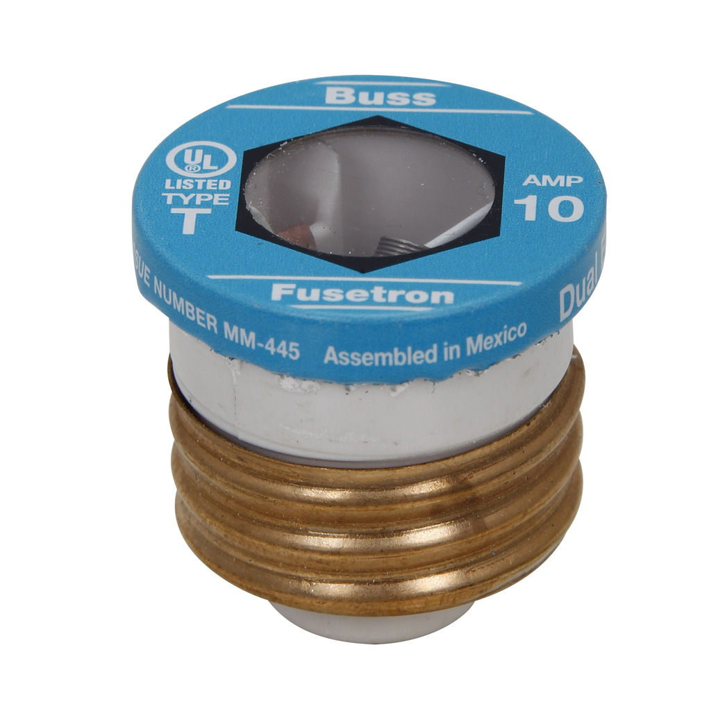 Eaton Bussmann series Type T plug fuse, plug fuse, time delay, heavy duty, 6-1/4 A, 125 Vac, 10 kAIC (RMS Symmetrical) interrupt rating, 10 kA short circuit rating, threaded mount, duel element, plastic body, brass thread, edison base