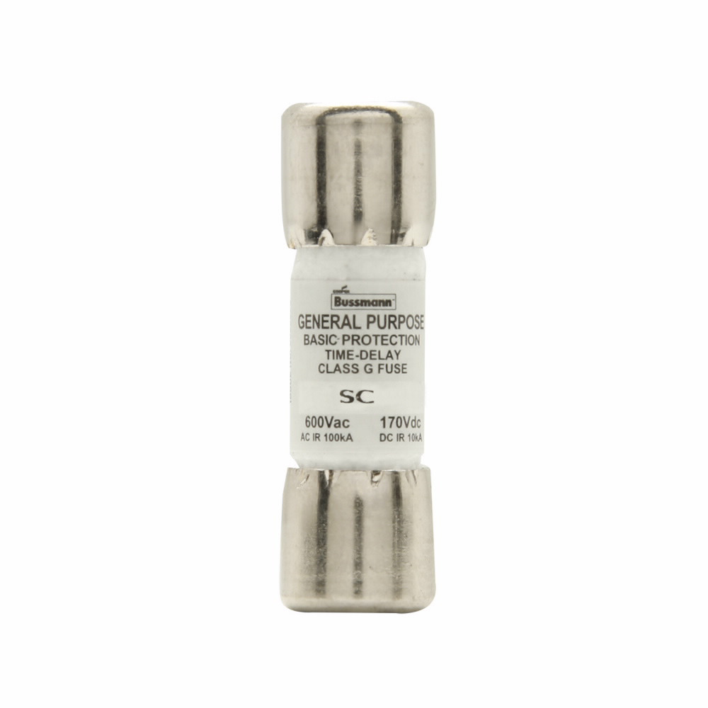 Eaton Bussmann series SC fuse, Current-limiting time-delay fuse, Rejection style, 15 A, Class G, Non-indicating, Ferrule end x ferrule end, 12 sec at 200%, 10 kAIC at 170 Vdc,100 kAIC at 600 Vac, Standard, 600 V, 170 Vdc