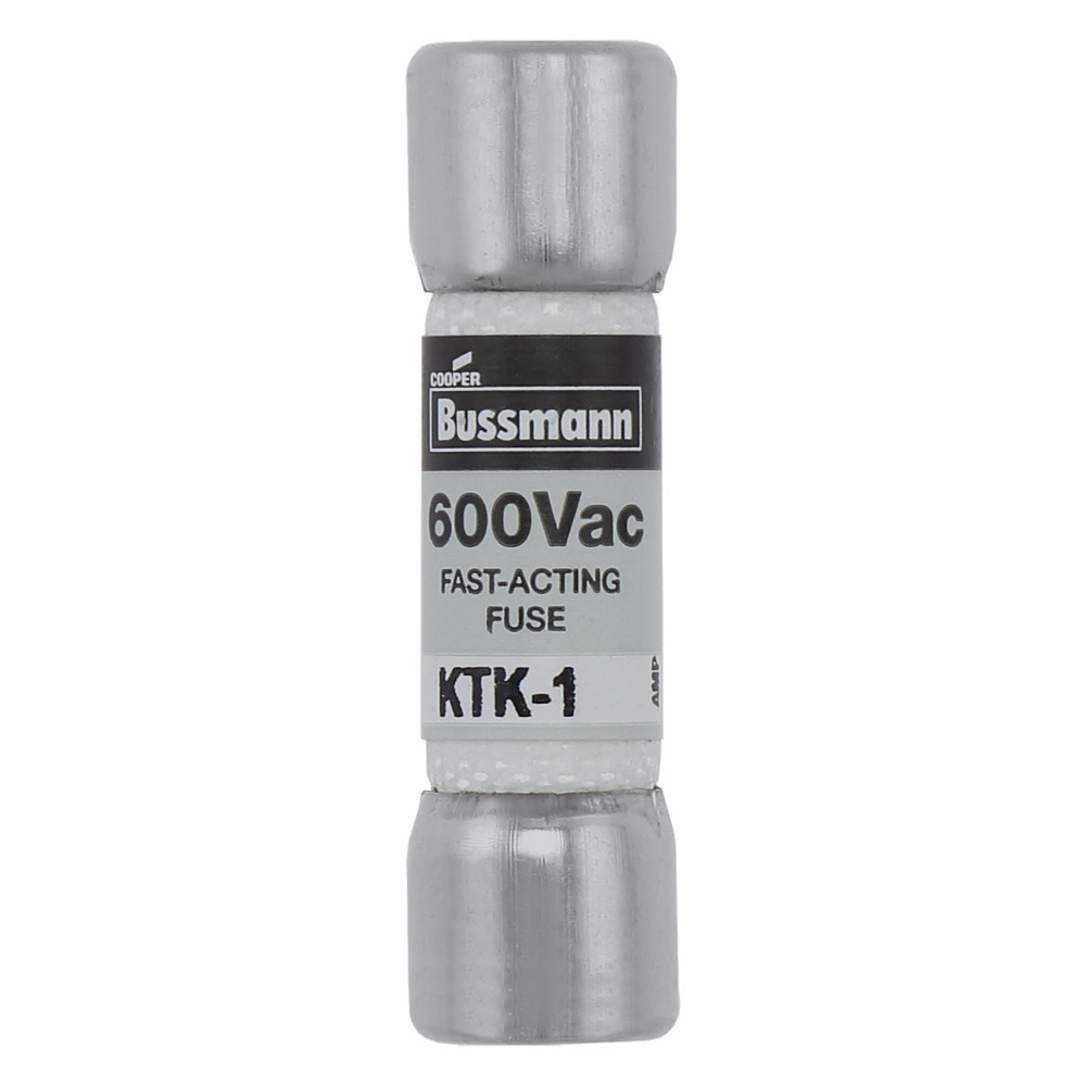 Eaton Bussmann series KTK fuse, LIMITRON Fast-acting fuse, Control circuits, lighting circuit protection, meter circuits, 1 A, Non-indicating, Ferrule end x ferrule end, 100 kAIC at 600 V, Nickel-plated bronze endcap,Melamine tube, 600 V