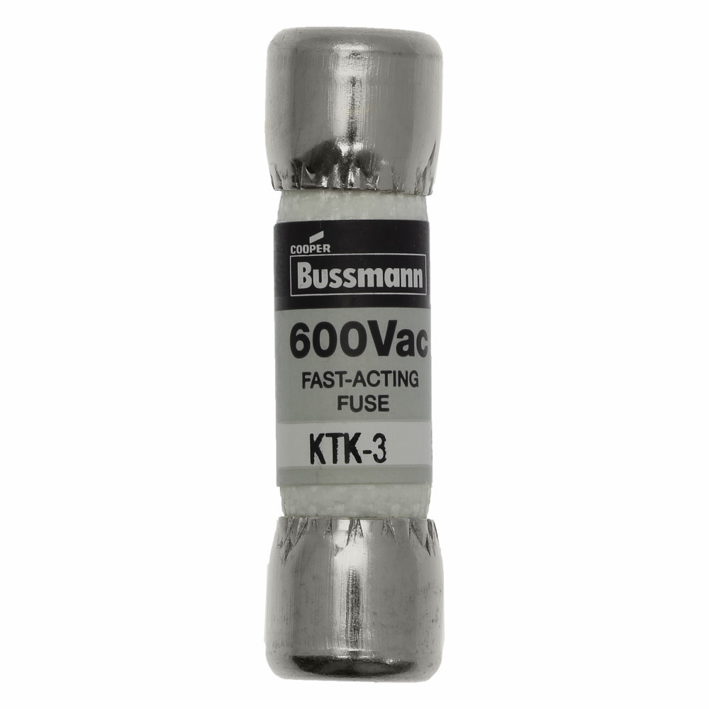 Eaton Bussmann series KTK fuse, LIMITRON Fast-acting fuse, Control circuits, lighting circuit protection, meter circuits, 3 A, Non-indicating, Ferrule end x ferrule end, 100 kAIC at 600 V, Nickel-plated bronze endcap,Melamine tube, 600 V