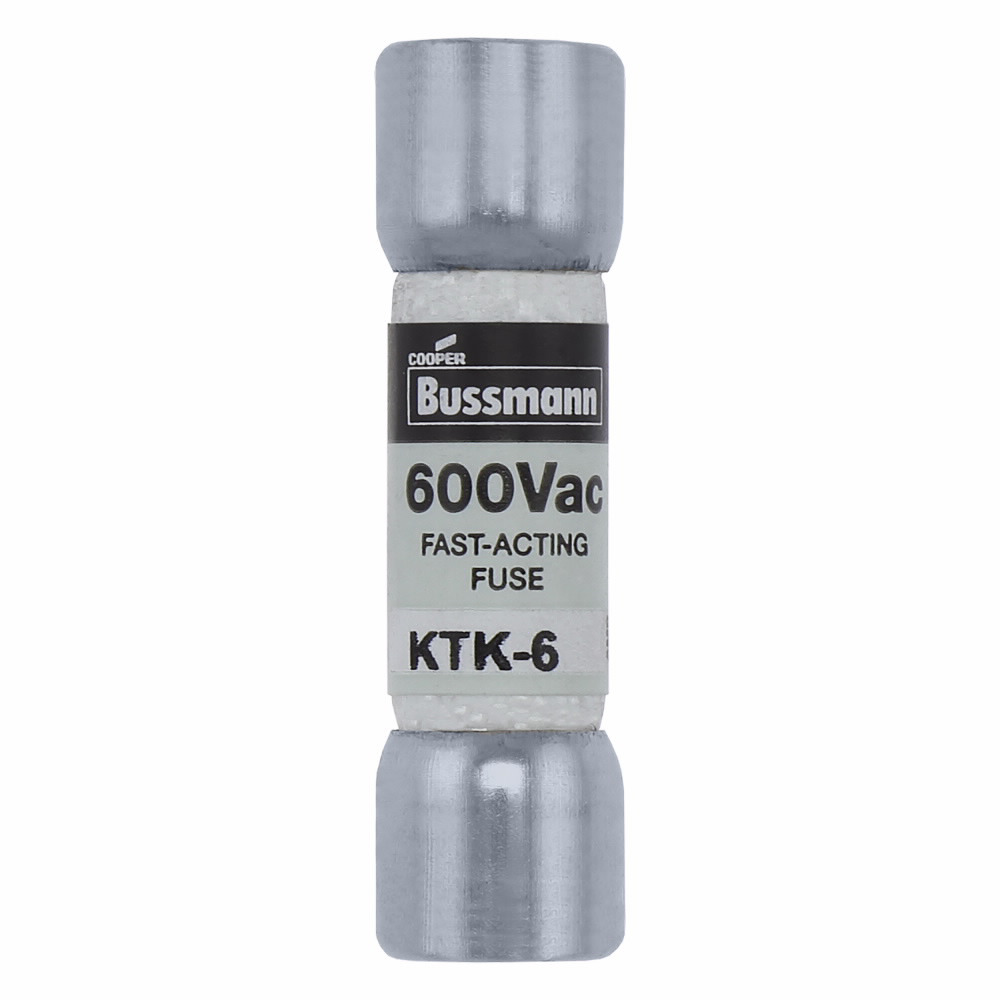 Eaton Bussmann series KTK fuse, LIMITRON Fast-acting fuse, Control circuits, lighting circuit protection, meter circuits, 6 A, Non-indicating, Ferrule end x ferrule end, 100 kAIC at 600 V, Melamine tube,Nickel-plated bronze endcap, 600 V