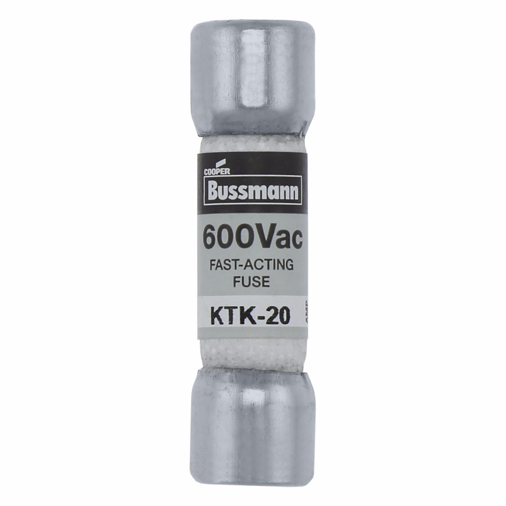 Eaton Bussmann series KTK fuse, LIMITRON Fast-acting fuse, Control circuits, lighting circuit protection, meter circuits, 20 A, Non-indicating, Ferrule end x ferrule end, 100 kAIC at 600 V, Melamine tube,Nickel-plated bronze endcap, 600 V