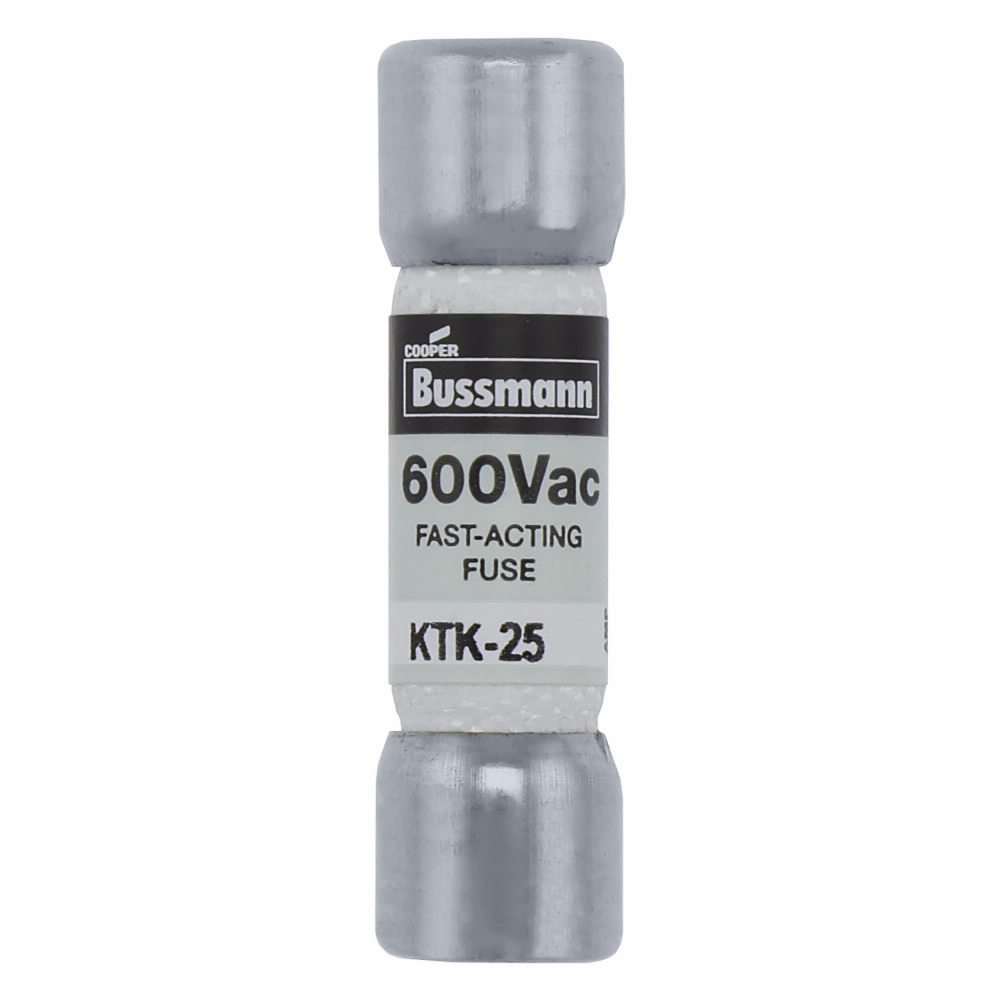Eaton Bussmann series KTK fuse, LIMITRON Fast-acting fuse, Control circuits, lighting circuit protection, meter circuits, 25 A, Non-indicating, Ferrule end x ferrule end, 100 kAIC at 600 V, Melamine tube,Nickel-plated bronze endcap, 600 V