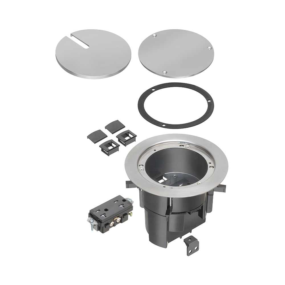 TWO low voltage openings with built-in divider, an ultra-thin stamped steel flange, and flush-to-the-floor in-use and blank covers. Has a nickel plated finish.